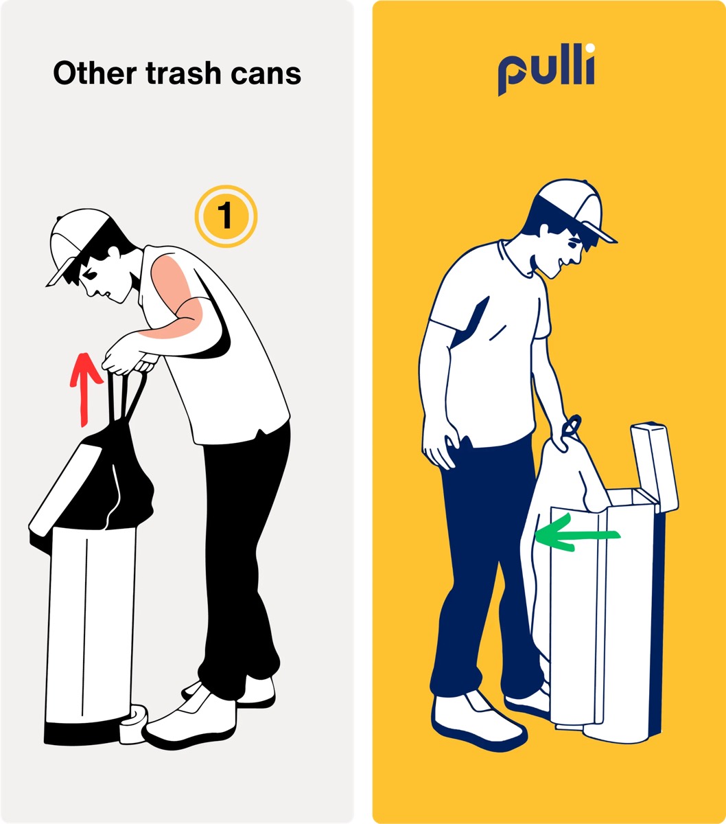 Lifting a full bag out of a conventional can with the biceps highlighted, beside the same job done with a Pulli