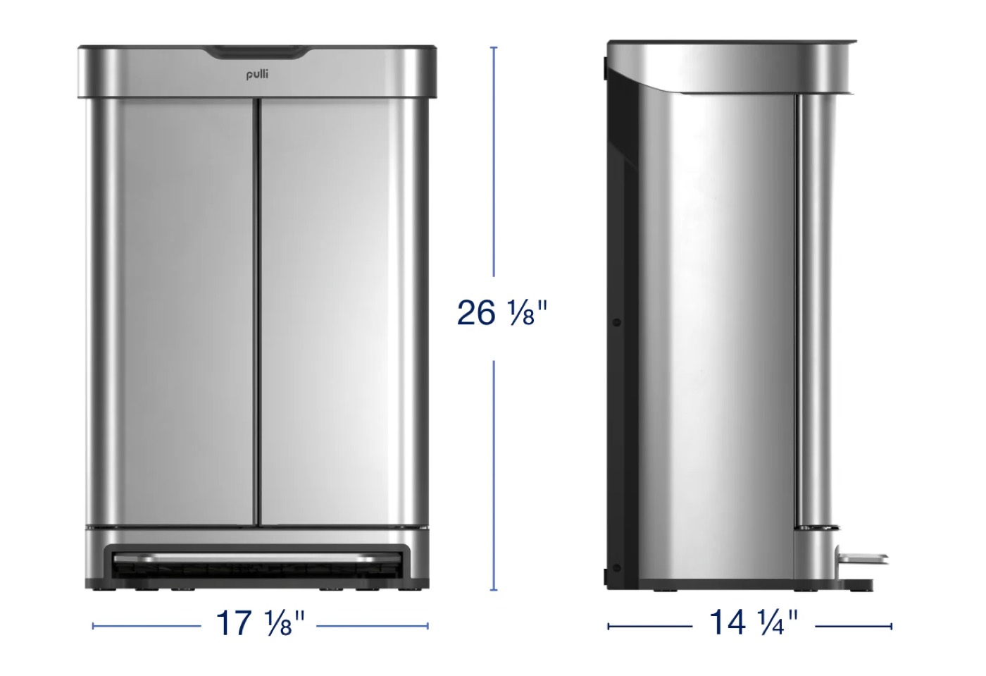 Front and side elevations of the Pulli Bin: 26 and one eighth inches high, 17 and one eighth inches wide, 14 and one quarter inches deep